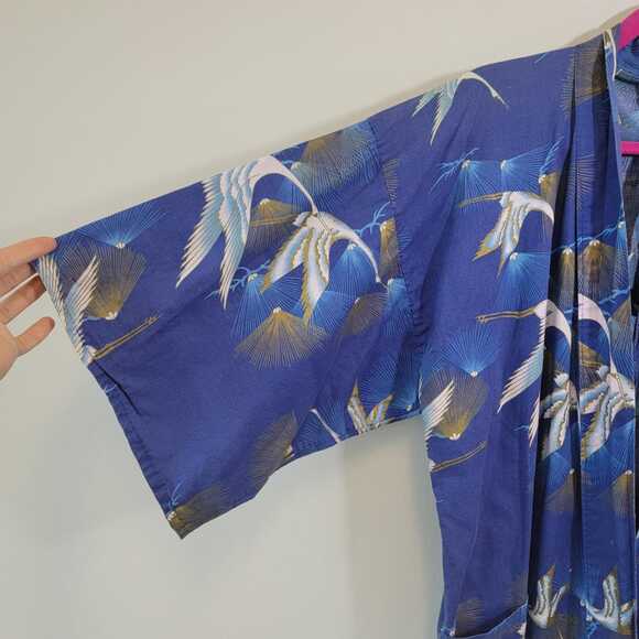 90s Era Cotton Blue Crane Lightweight Loungewear Robe - Picture 3 of 8